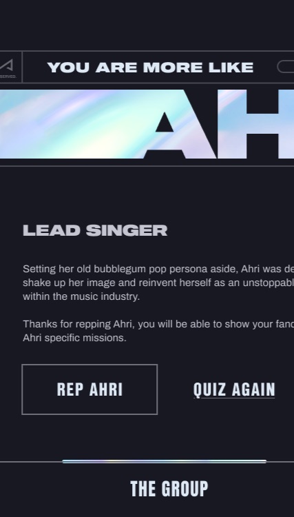 Fan quiz result screen: You are more like Ahri, lead singer, with Rep Ahri and Quiz Again actions.