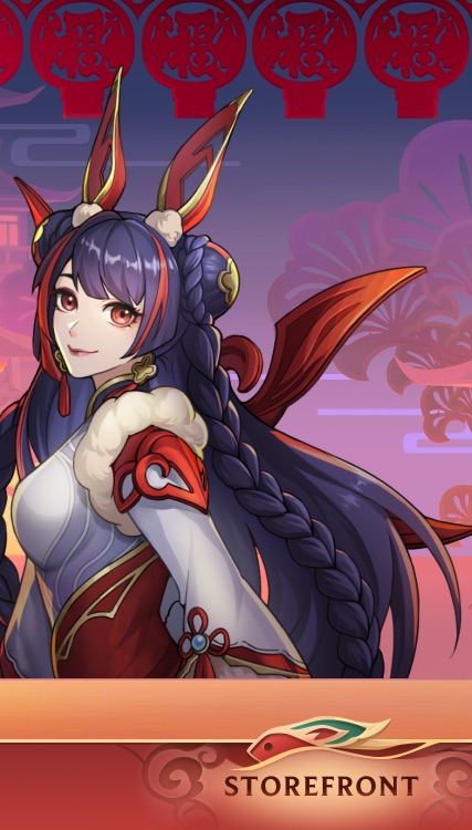 Event storefront screen: a champion in red festival dress under hanging lanterns.