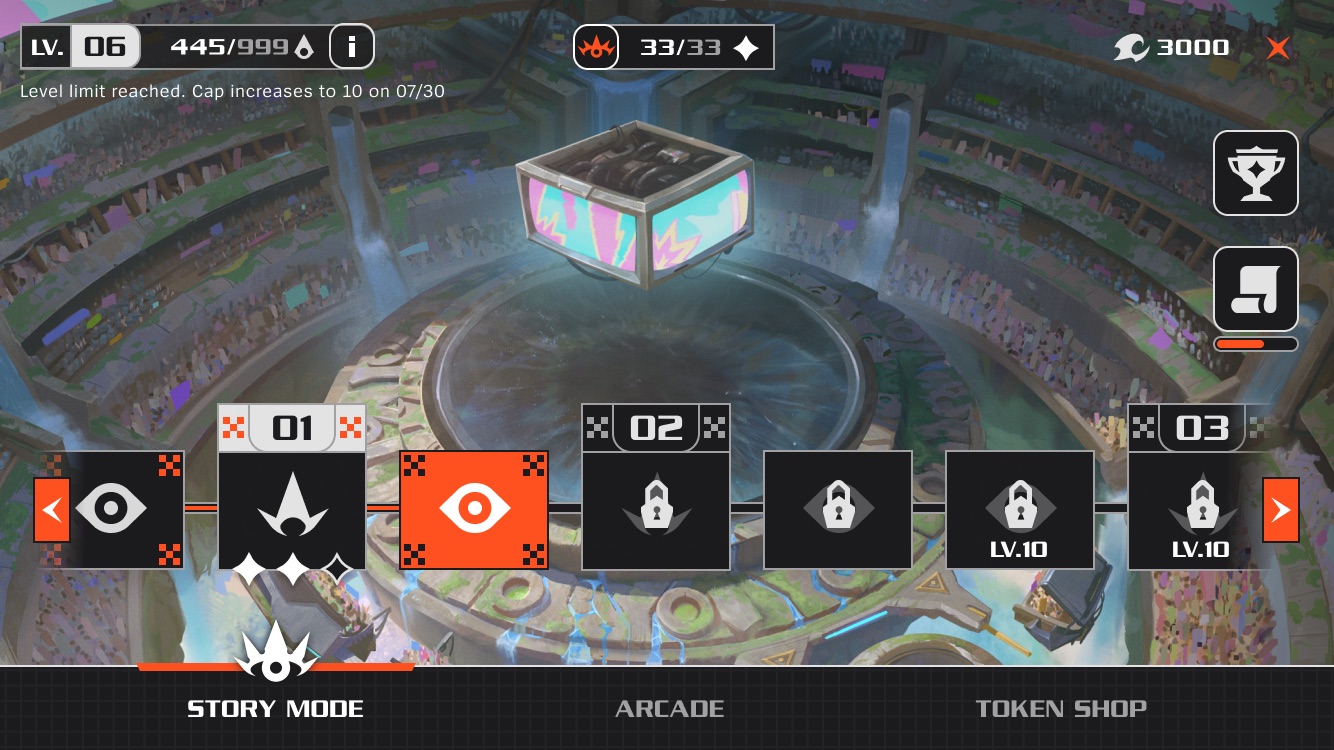 Soul Fighter story mode: the progression track as an arcade fight ladder over the arena.