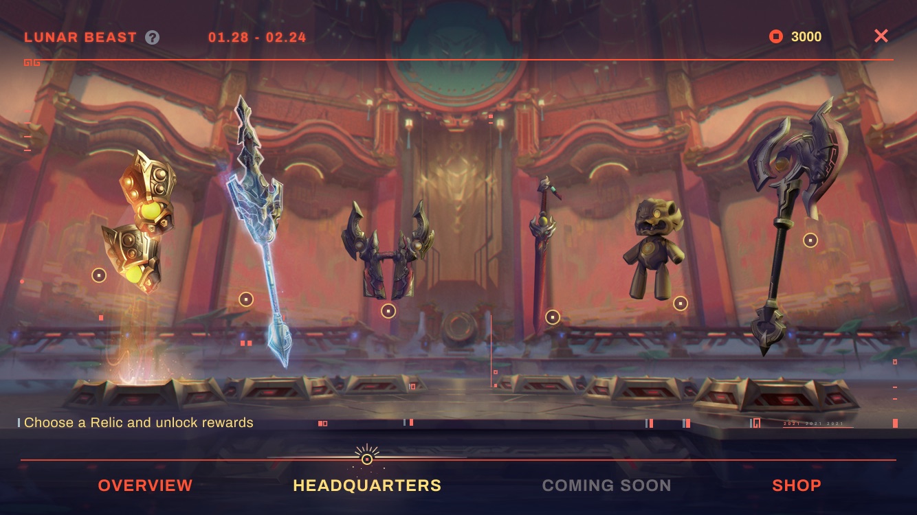 Lunar Beast headquarters: the progression track as a weapon rack of relics in a red hall.