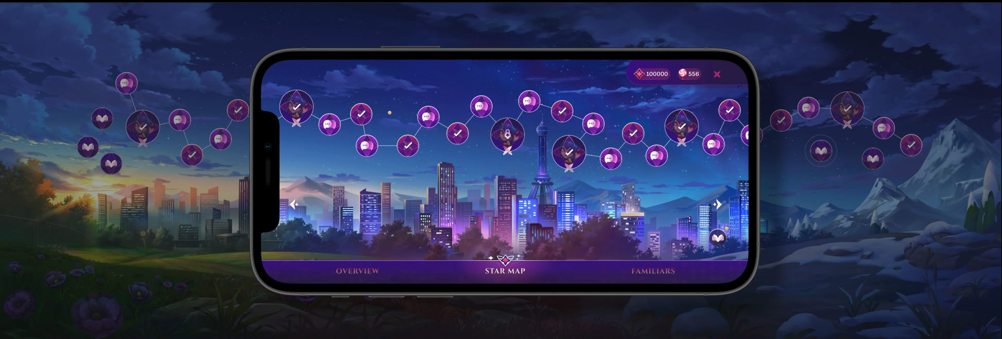 Star Guardian star map on a phone: a constellation of story and mission nodes strung above a night city skyline, the full map extending beyond the screen on both sides.