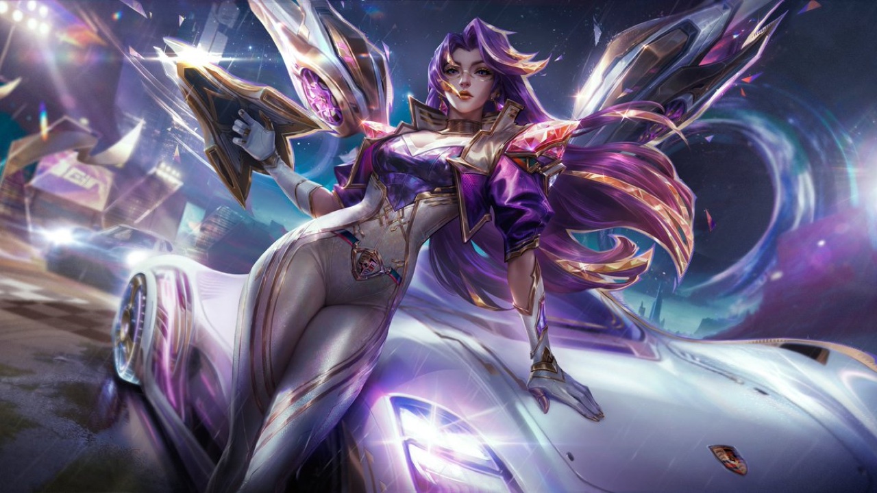 Porsche × Kai'Sa splash art — Kai'Sa perched on a white 911, void wings spread against a neon street backdrop.